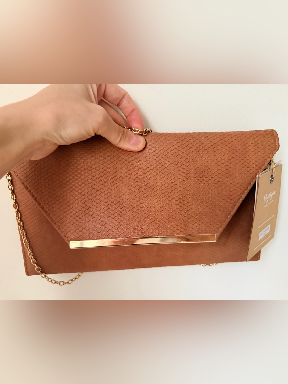 Women’s Brown Textured Chain Clutch - Gold Accent